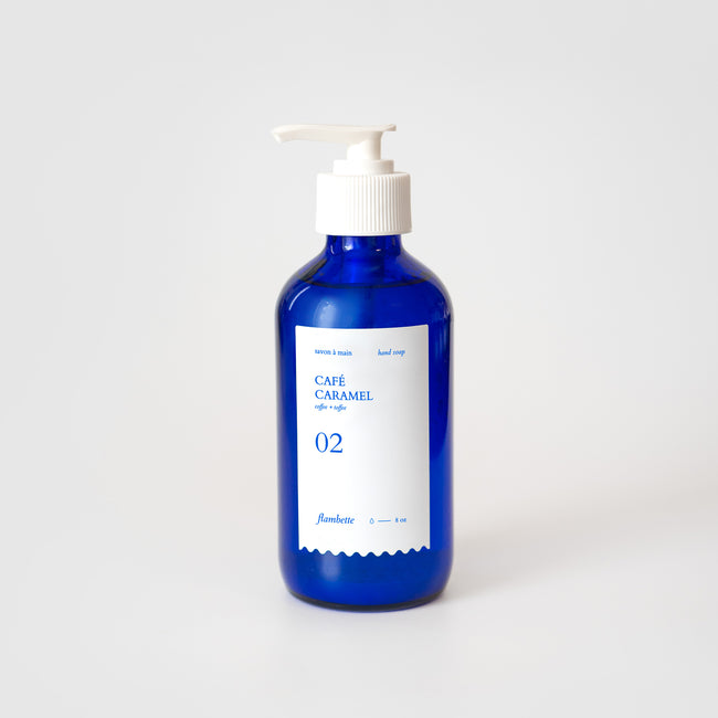 Savons à main Café caramel bouteille bleue