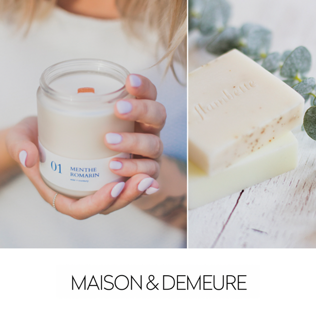 Mains qui tient une bougie avec savon en barre eucalyptus