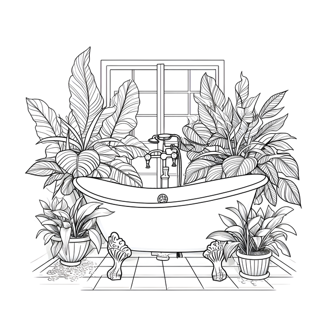 Dessin bain sur pied et plantes en noir et blanc