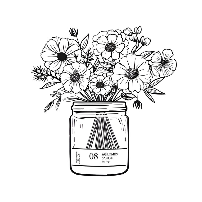 Dessin de fleurs dans contenant de bougie flambette noir et blanc