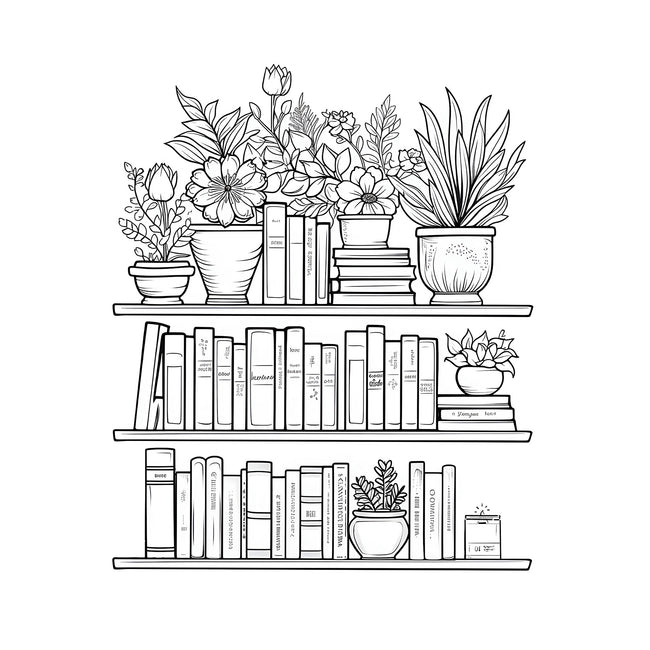 Dessin étagère de livres avec plantes noir et blanc